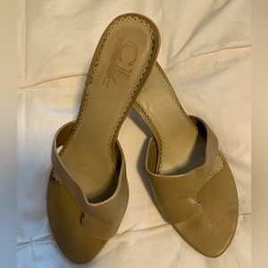 Warm tan, size 8.5, slide sandals with 2.5 inch heel